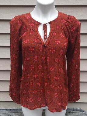 Natural Life Peasant Blouse Boho Cottagecore Tie Neck Long Sleeve Size Small